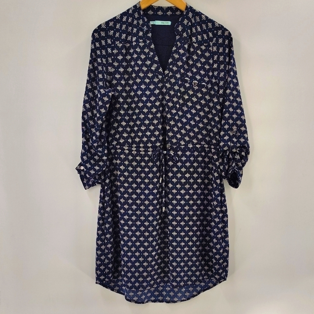 Maurices Navy Pullover Dress Size Small Waist Drawstring Long Sleeve Pink Print